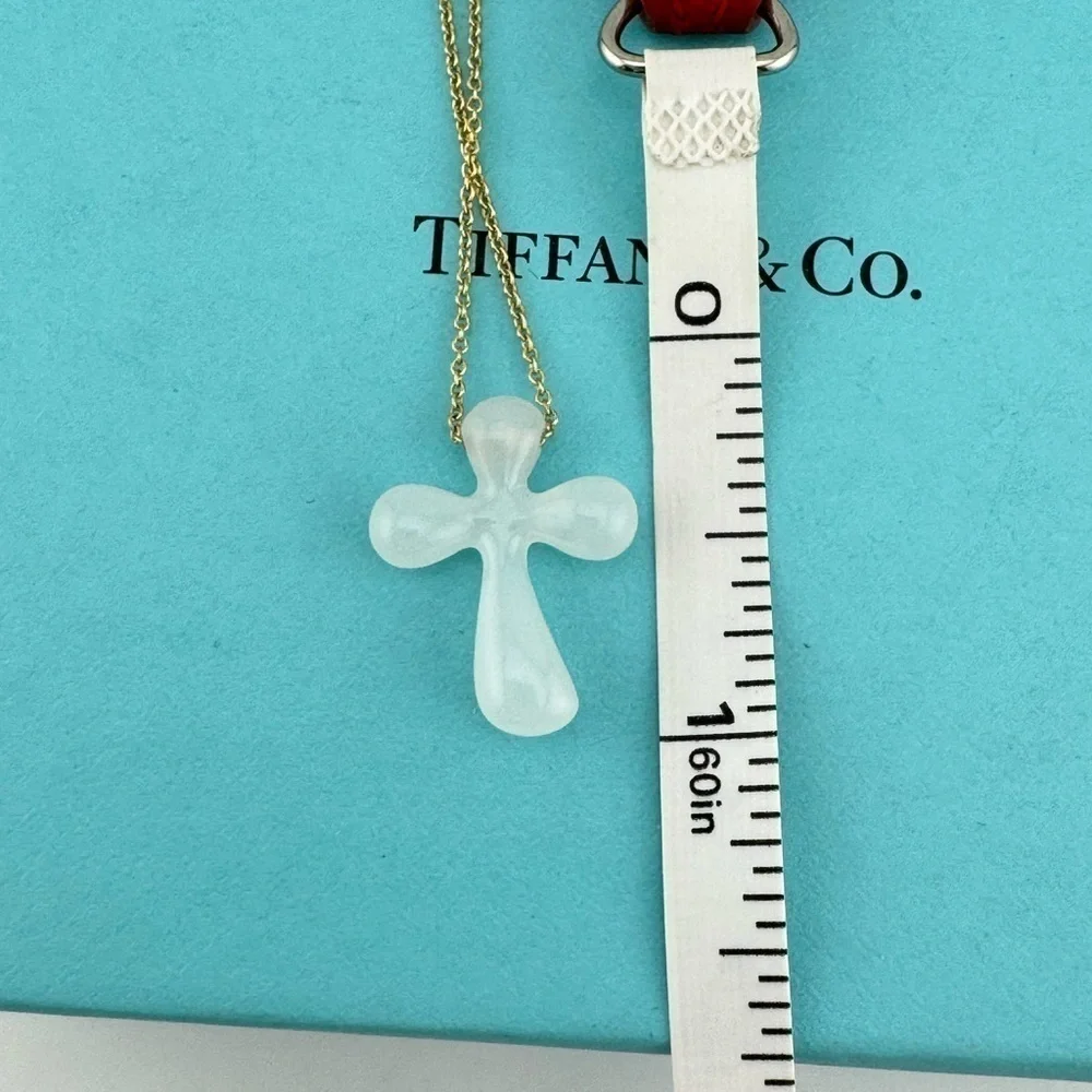Tiffany & Co. Elsa Peretti White Jade Cross Necklace 18k Yellow Gold 16